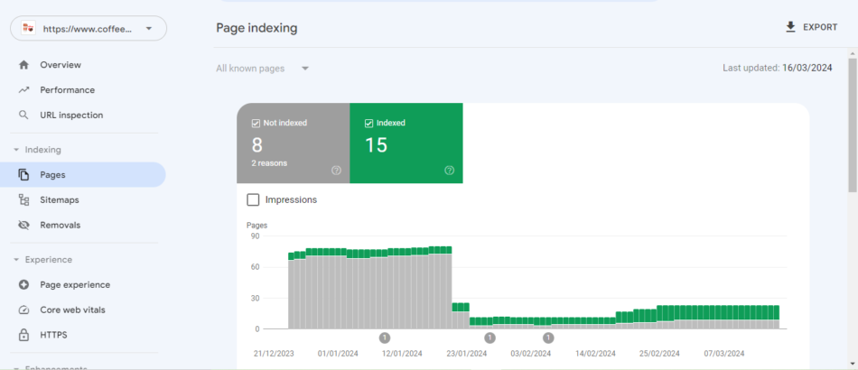 Niche site page index report